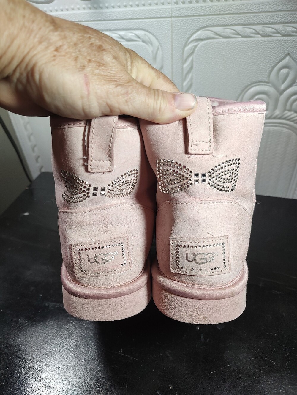 Ugg Crystal Bow Pink Bow Suede Fur-Lined Short Boots Size 9
